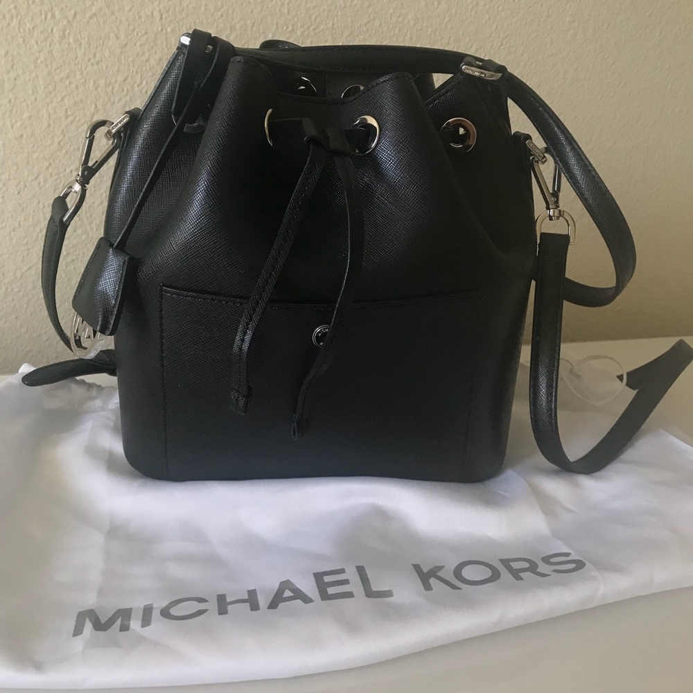 Michael Kors black drawstring bucket bag